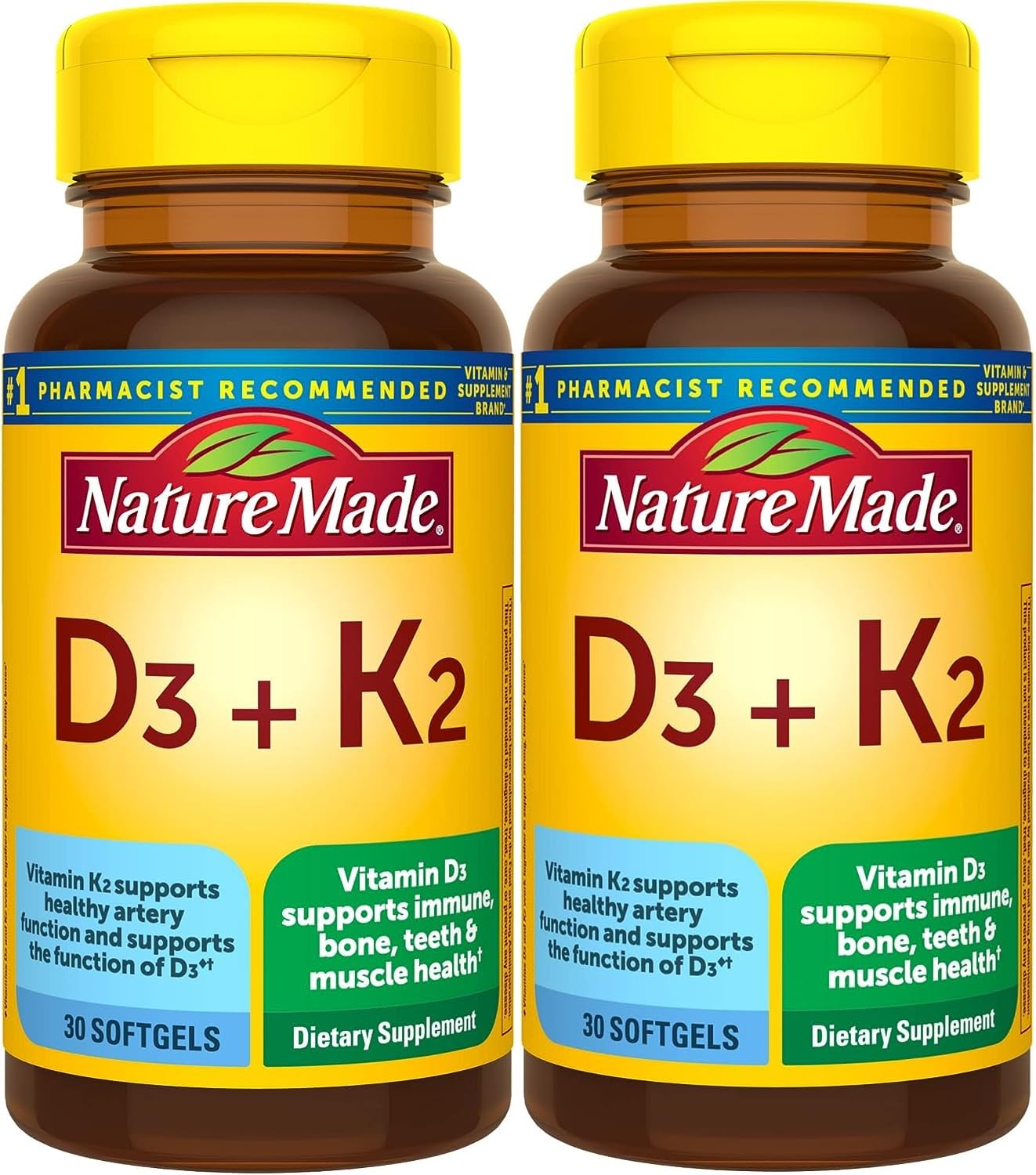 Nature Made Vitamin D3 K2 softgels bottle front view for immune and bone health support.