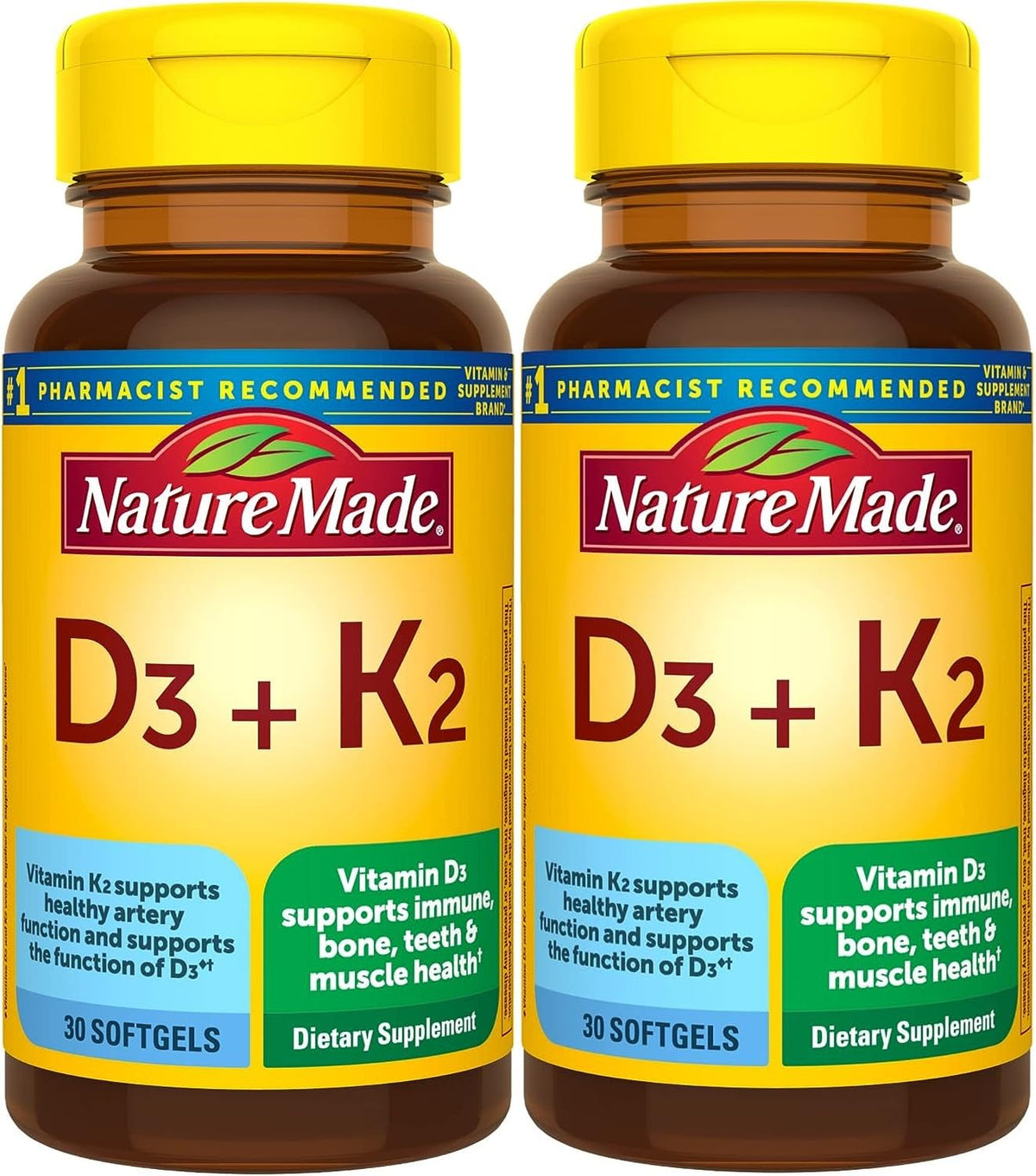 Nature Made Vitamin D3 K2 softgels bottle front view for immune and bone health support.