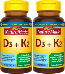 Nature Made Vitamin D3 K2 softgels bottle front view for immune and bone health support.