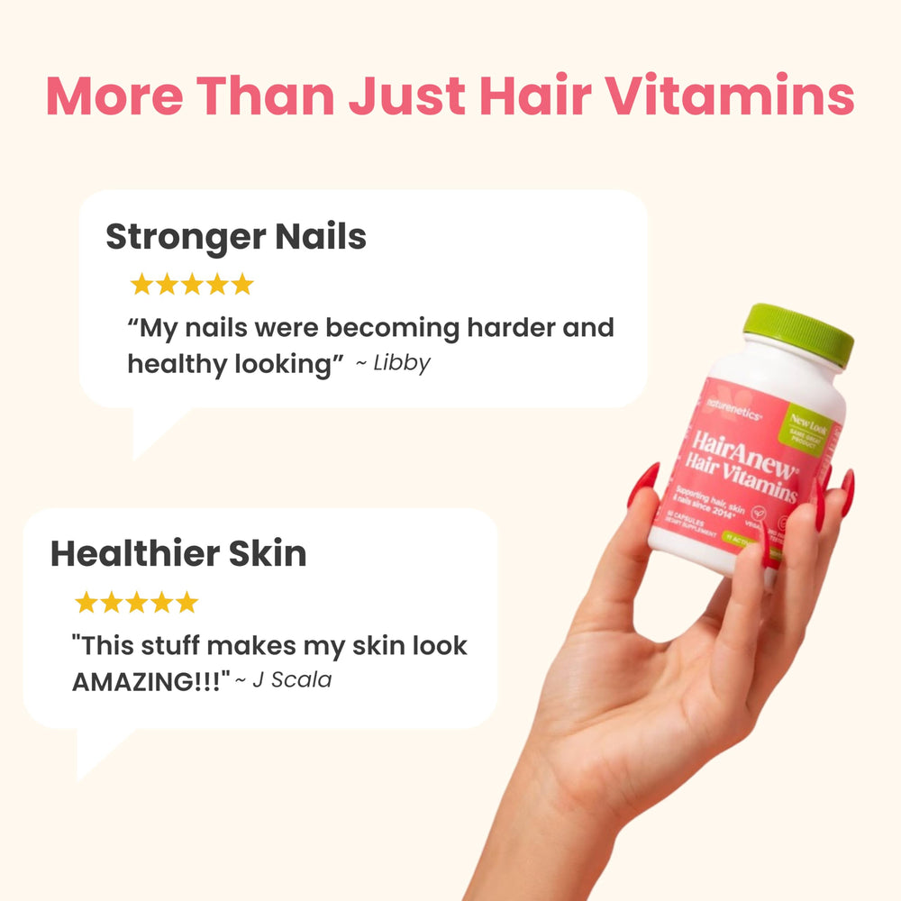 Scene of Naturenetics HairAnew 11-ingredient blend on packaging.