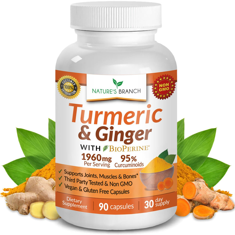 Nature's Branch turmeric-ginger supplement bottle front highlighting joint support.