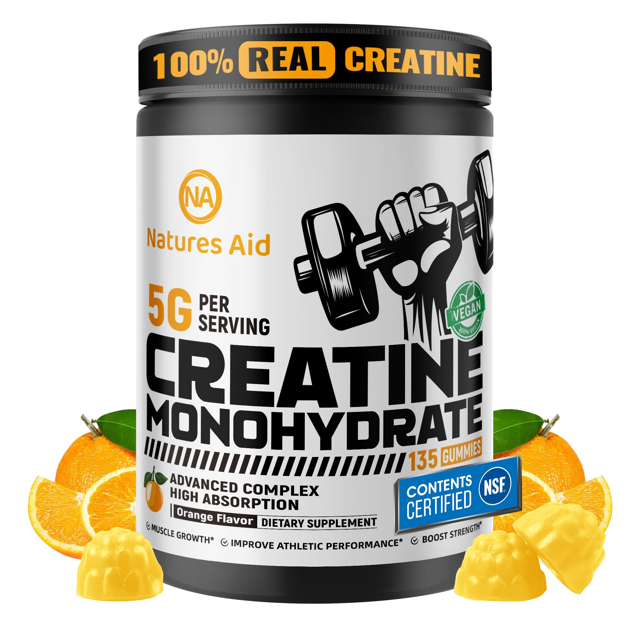 Natures Aid Creatine Gummy bottle shows 135-count packaging for daily use