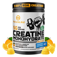 Natures Aid Creatine Gummy bottle shows 135-count packaging for daily use