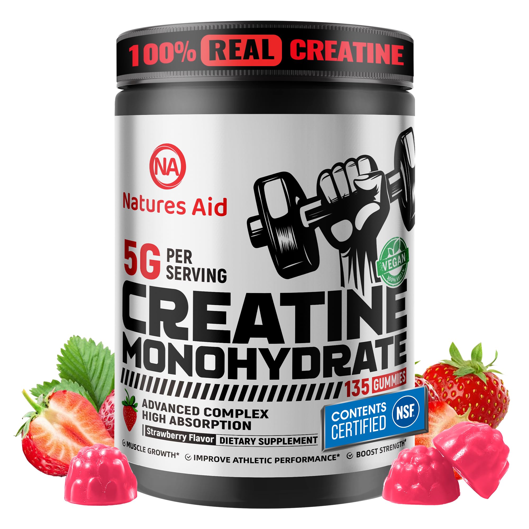 Natures Aid creatine gummy 5g bottle for convenient daily workout dosing.