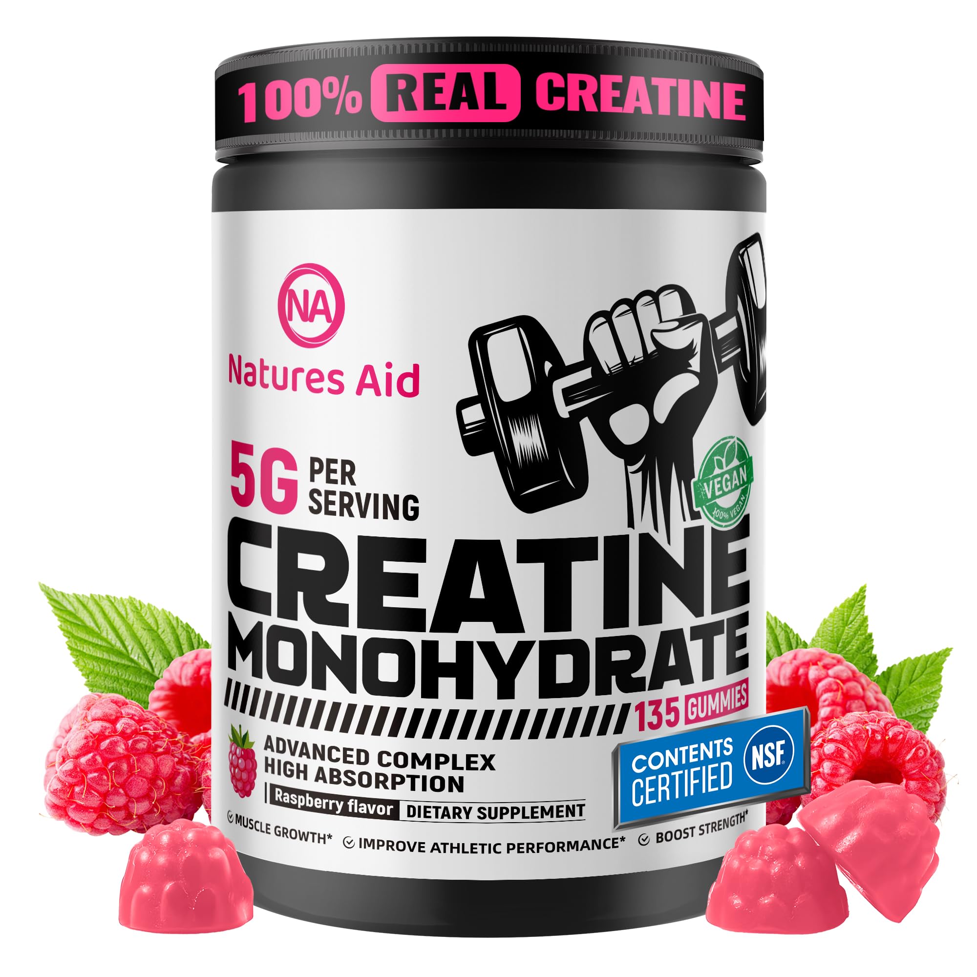 Natures Aid Creatine Gummy bottle on shelf for easy daily use.
