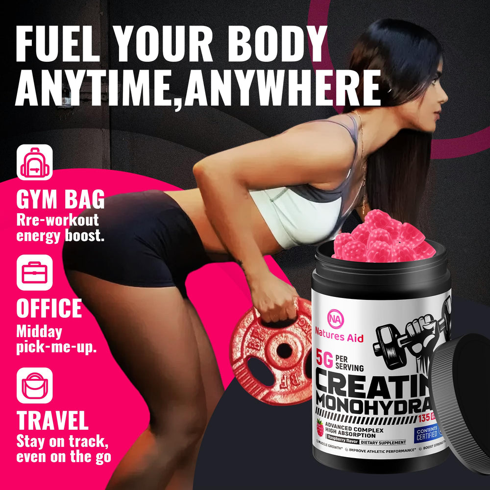 Natures Aid Creatine Gummy gym bag scene suggests on-the-go prep.