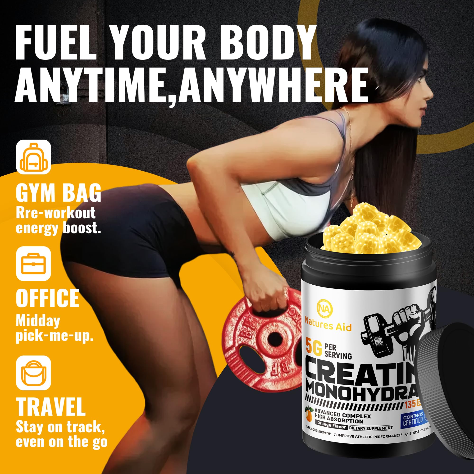 Ingredient list visible on Natures Aid Creatine Gummy bottle