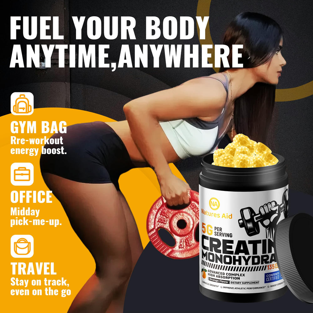 Ingredient list visible on Natures Aid Creatine Gummy bottle