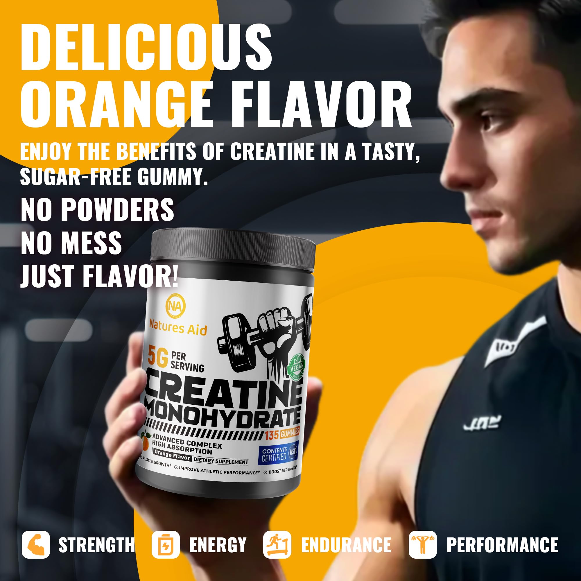 Orange electrolyte flavor cue on Natures Aid Creatine Gummies