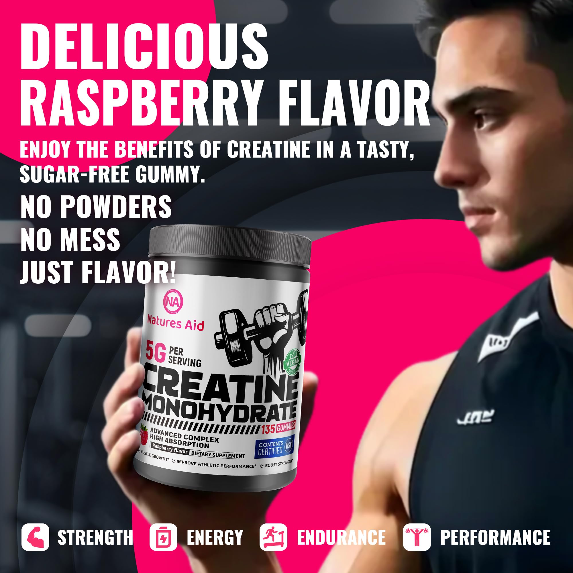 Natures Aid Creatine Gummy packaging on shelf emphasizes design.