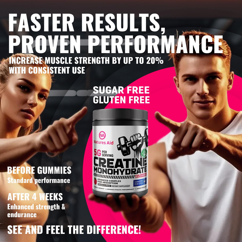 Natures Aid Creatine Gummy snack on hand conveys quick energy support.