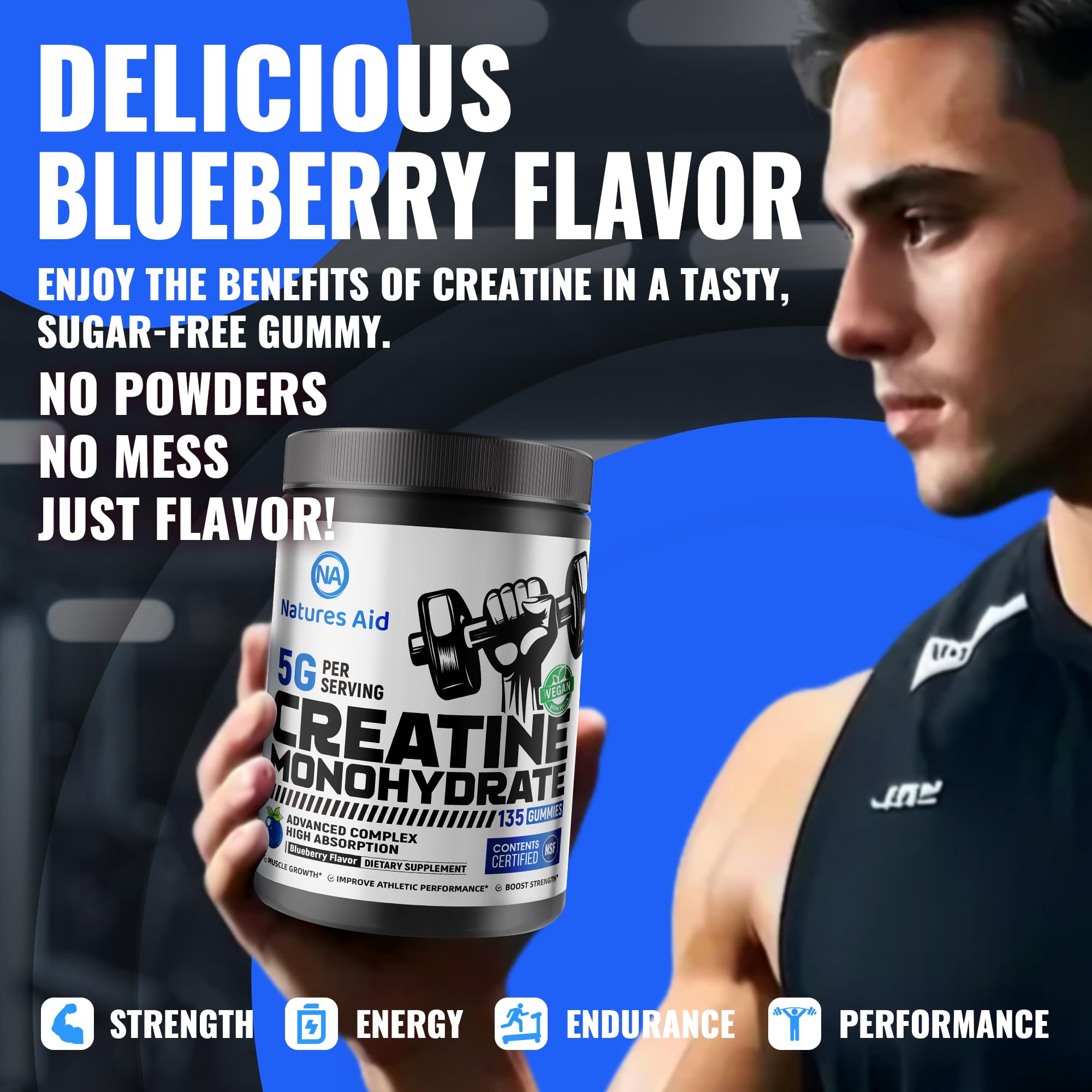 Nature's Aid Creatine Monohydrate Gummies blueberry flavor for tasty performance bite