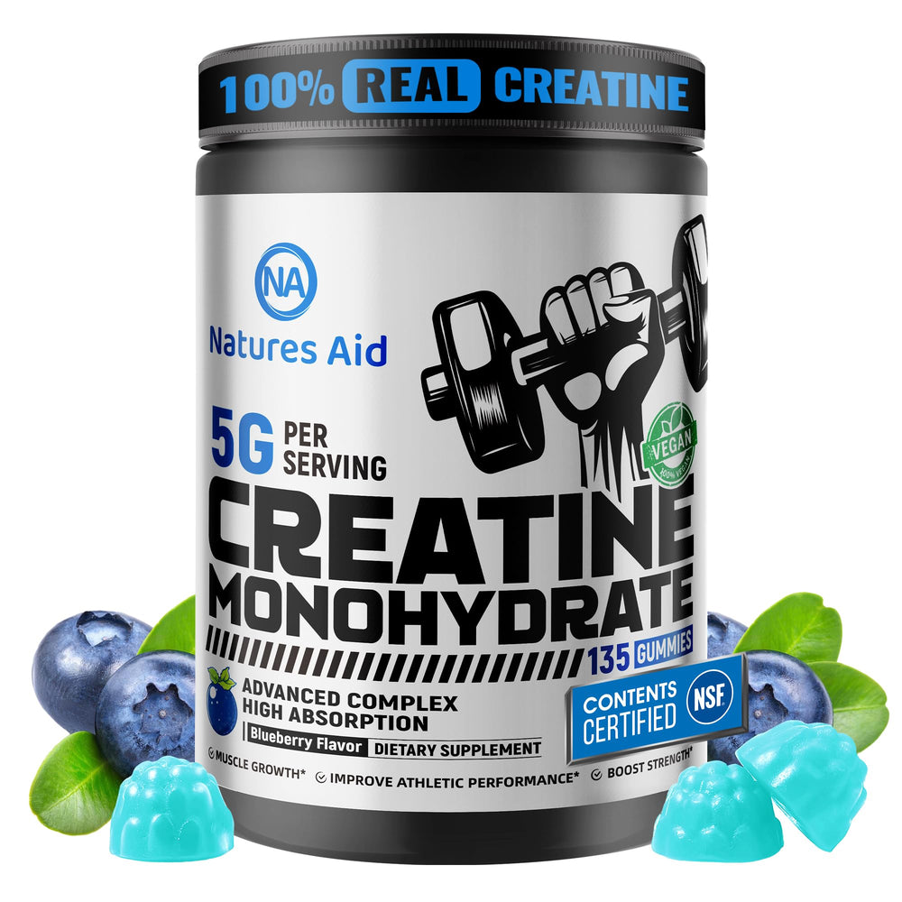 Nature's Aid Creatine Monohydrate Gummies bottle on counter supports workout energy