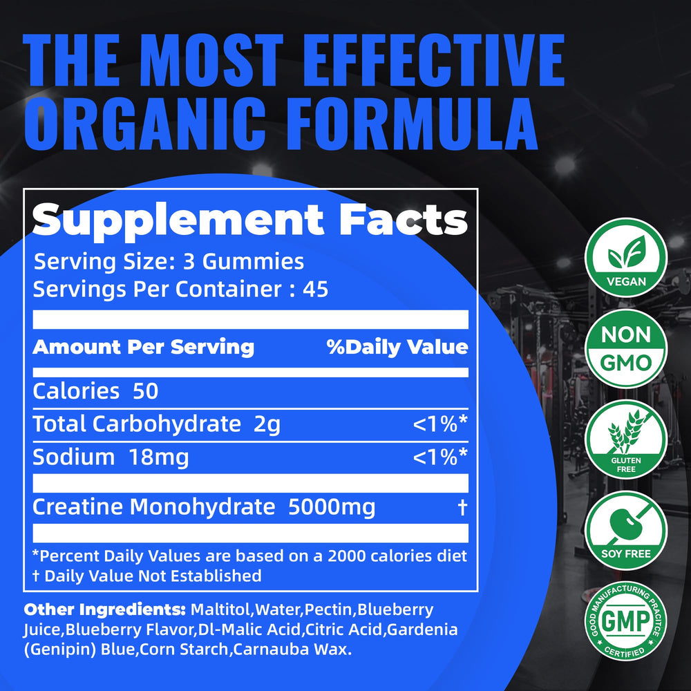Nature's Aid Creatine Monohydrate Gummies label highlights vegan and sugar-free formula