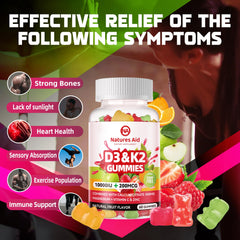 Natures Aid D3K2 gummy bottle showcasing easy daily intake for calcium synergy