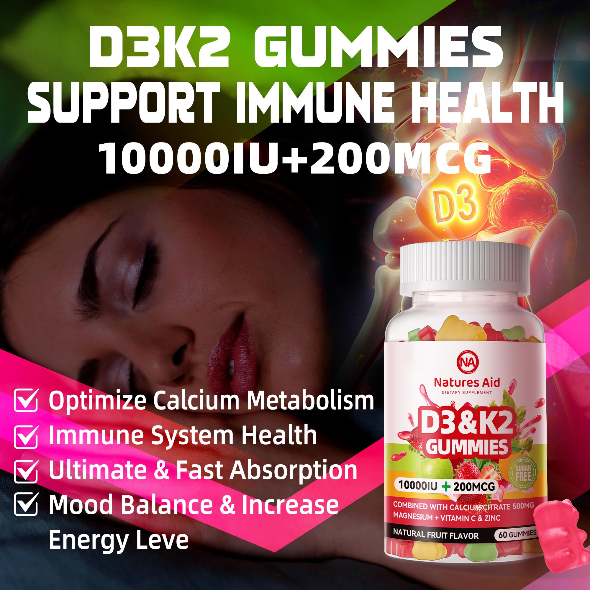 Natures Aid D3K2 gummies ingredients image emphasizing calcium, magnesium and vitamin C