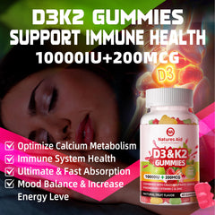 Natures Aid D3K2 gummies ingredients image emphasizing calcium, magnesium and vitamin C