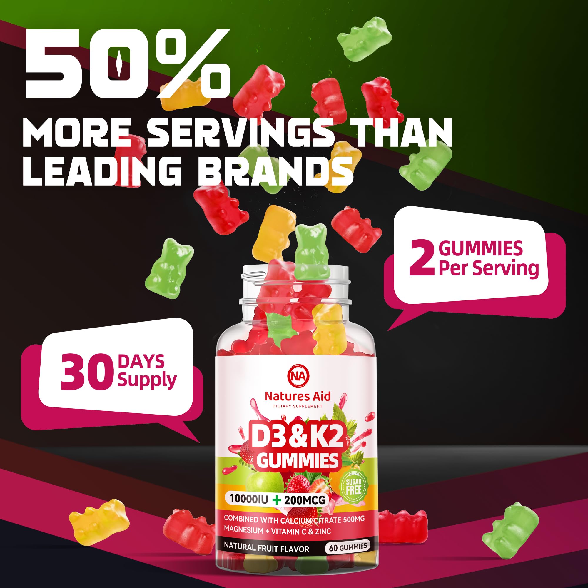 Natures Aid sugar-free D3K2 gummies packaging featuring vegan formula