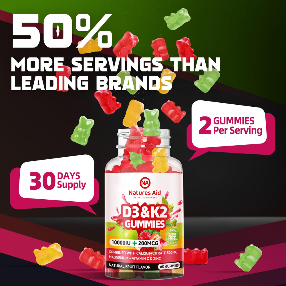 Natures Aid sugar-free D3K2 gummies packaging featuring vegan formula