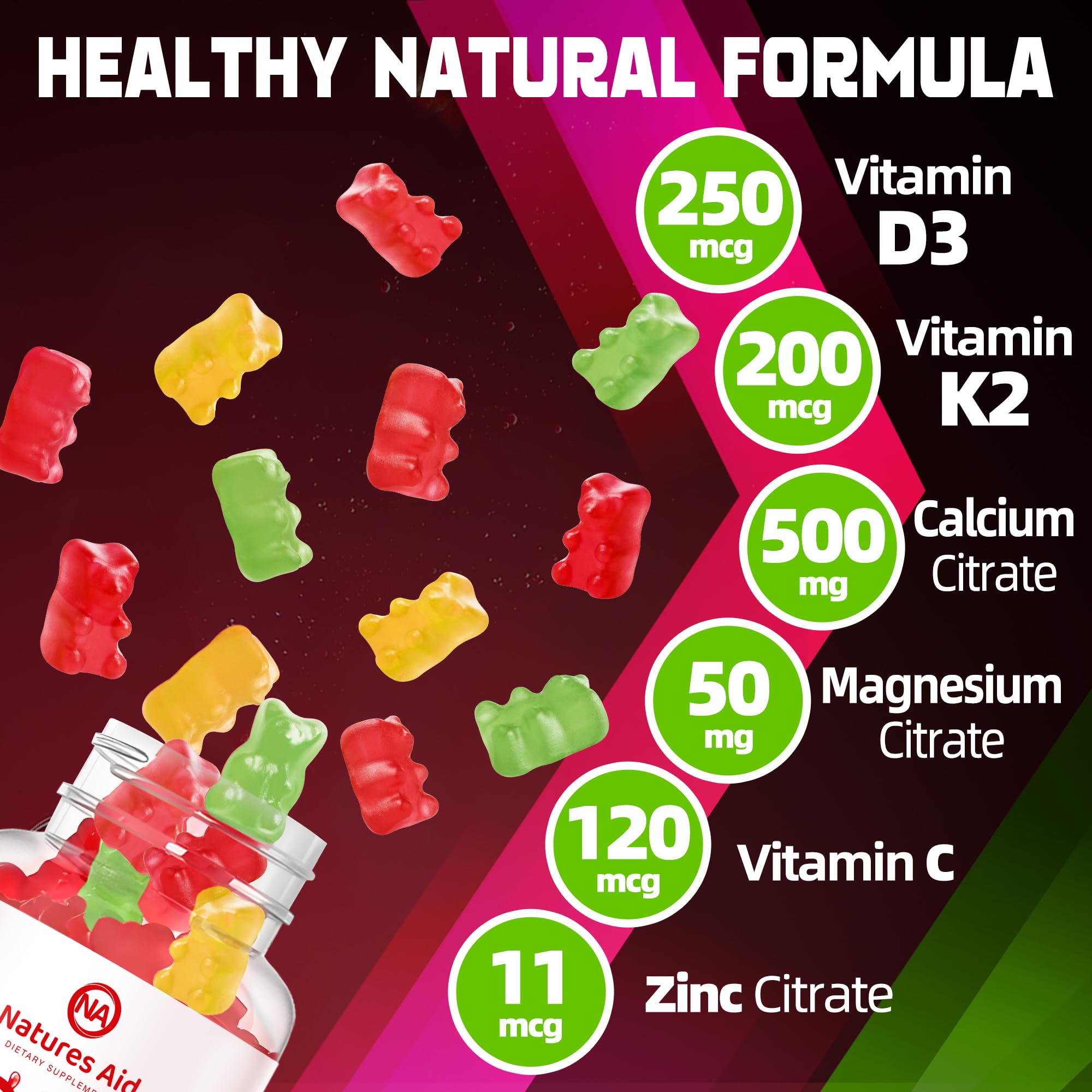 Natures Aid D3K2 gummies close-up highlighting vegan ingredients for daily wellness
