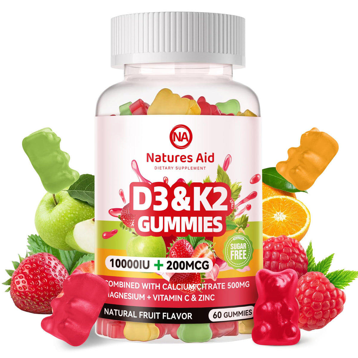 Natures Aid sugar-free D3K2 gummies pack with peach flavor suggesting bone support