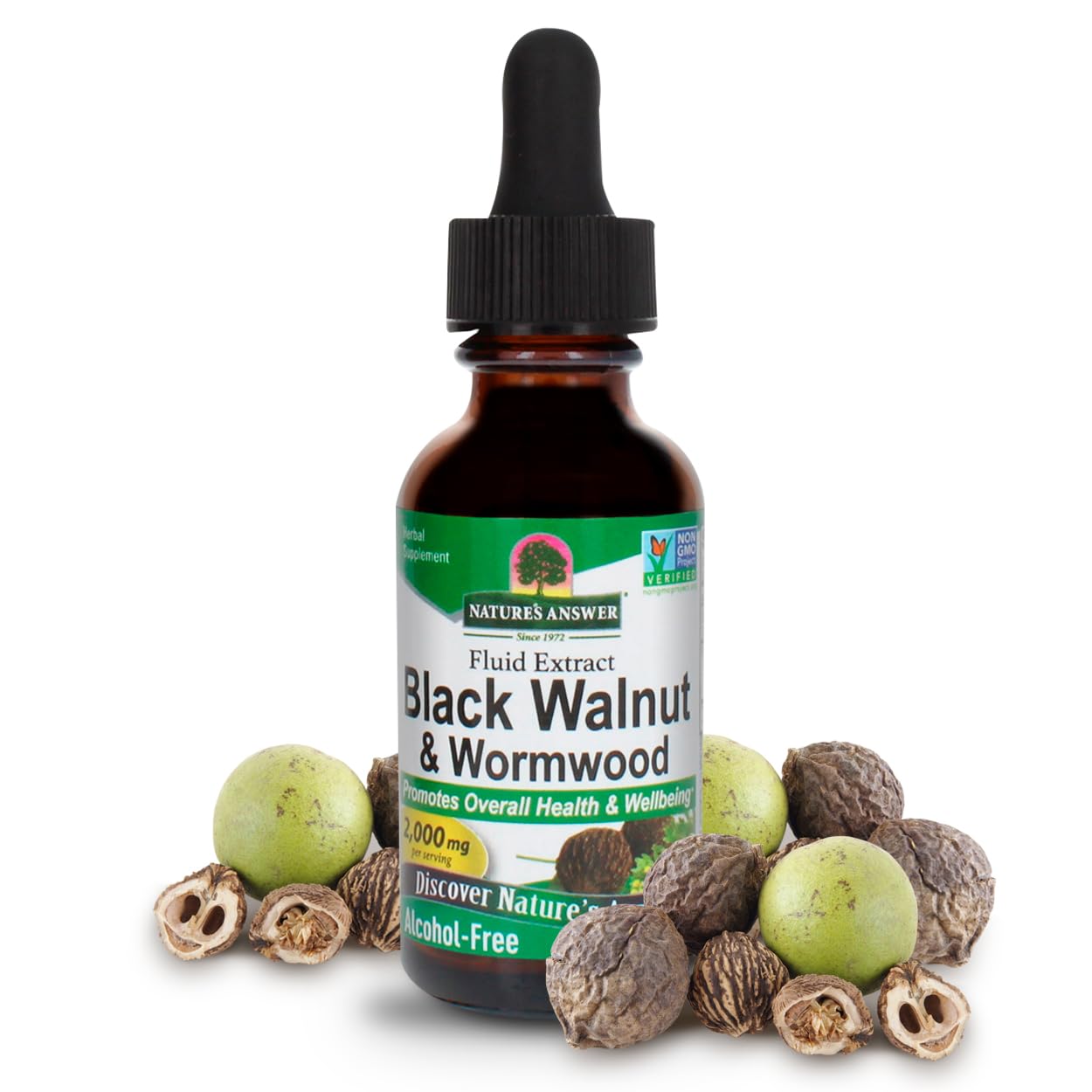 Nature's Answer Black Walnut Complex bottle shows vegan, alcohol-free formula for daily wellness.