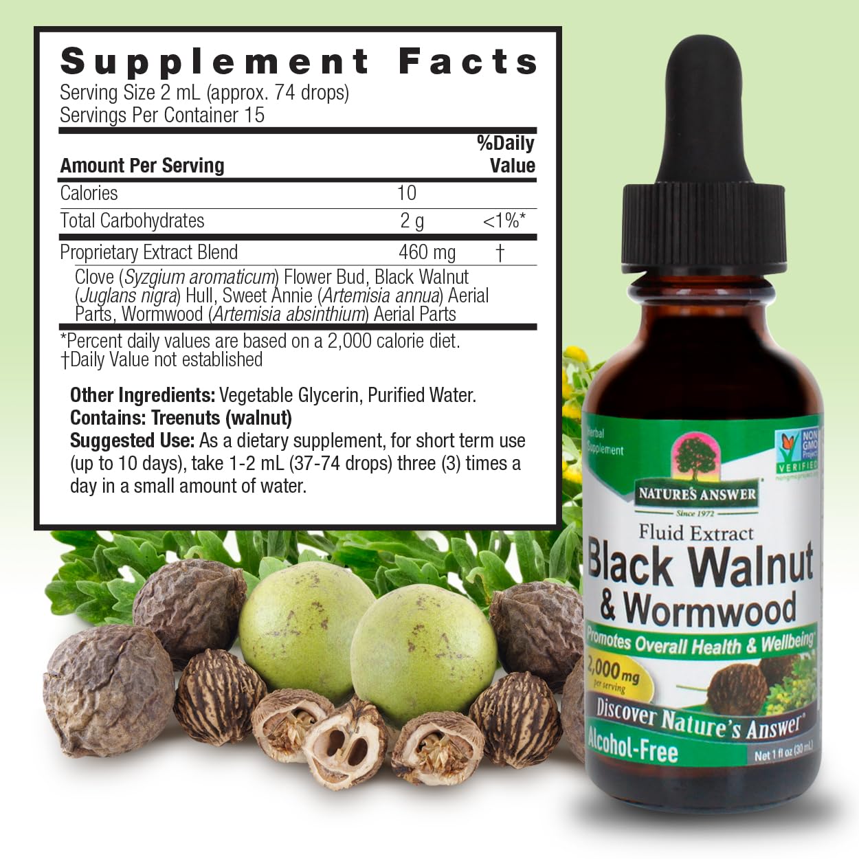 Nature's Answer Black Walnut Complex ingredients highlight a blend of black walnut, wormwood, sweet annie, and clove.