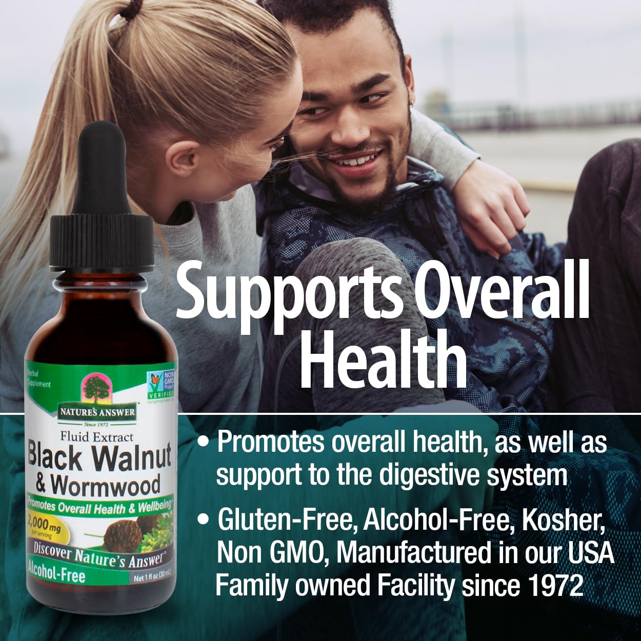 Close-up of Nature's Answer Black Walnut Complex label highlighting vegan, gluten-free, and alcohol-free features.