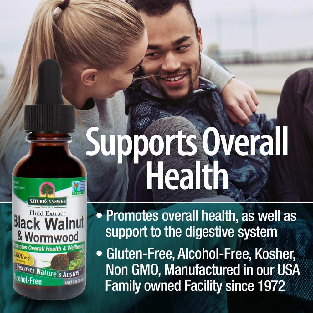 Close-up of Nature's Answer Black Walnut Complex label highlighting vegan, gluten-free, and alcohol-free features.
