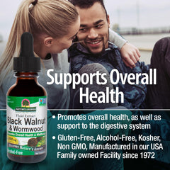 Close-up of Nature's Answer Black Walnut Complex label highlighting vegan, gluten-free, and alcohol-free features.