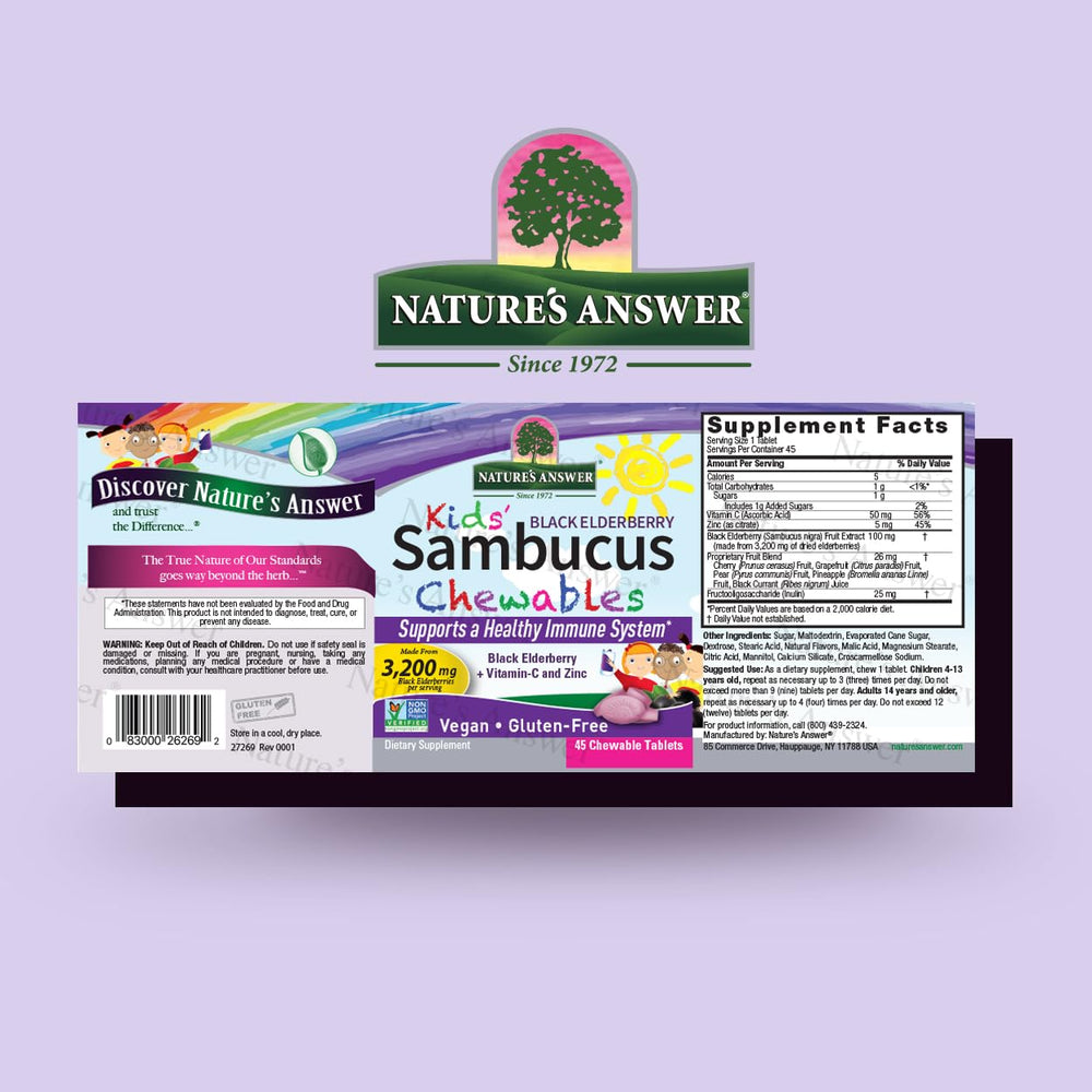Nature's Answer Kids Sambucus chews bottle label highlights vegan and gluten-free features