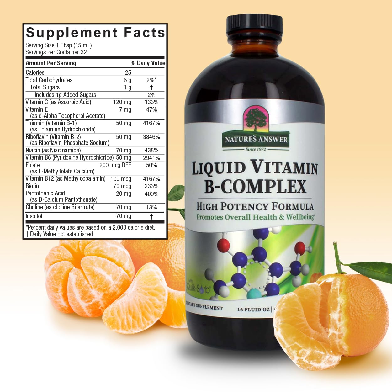 Glass with drops of Nature's Answer Liquid B-Complex, convenient for quick daily intake.