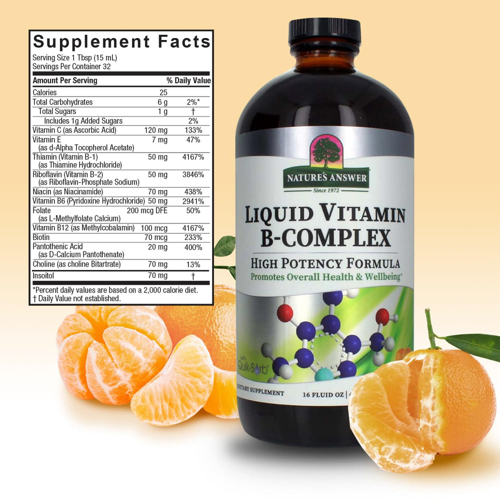 Glass with drops of Nature's Answer Liquid B-Complex, convenient for quick daily intake.
