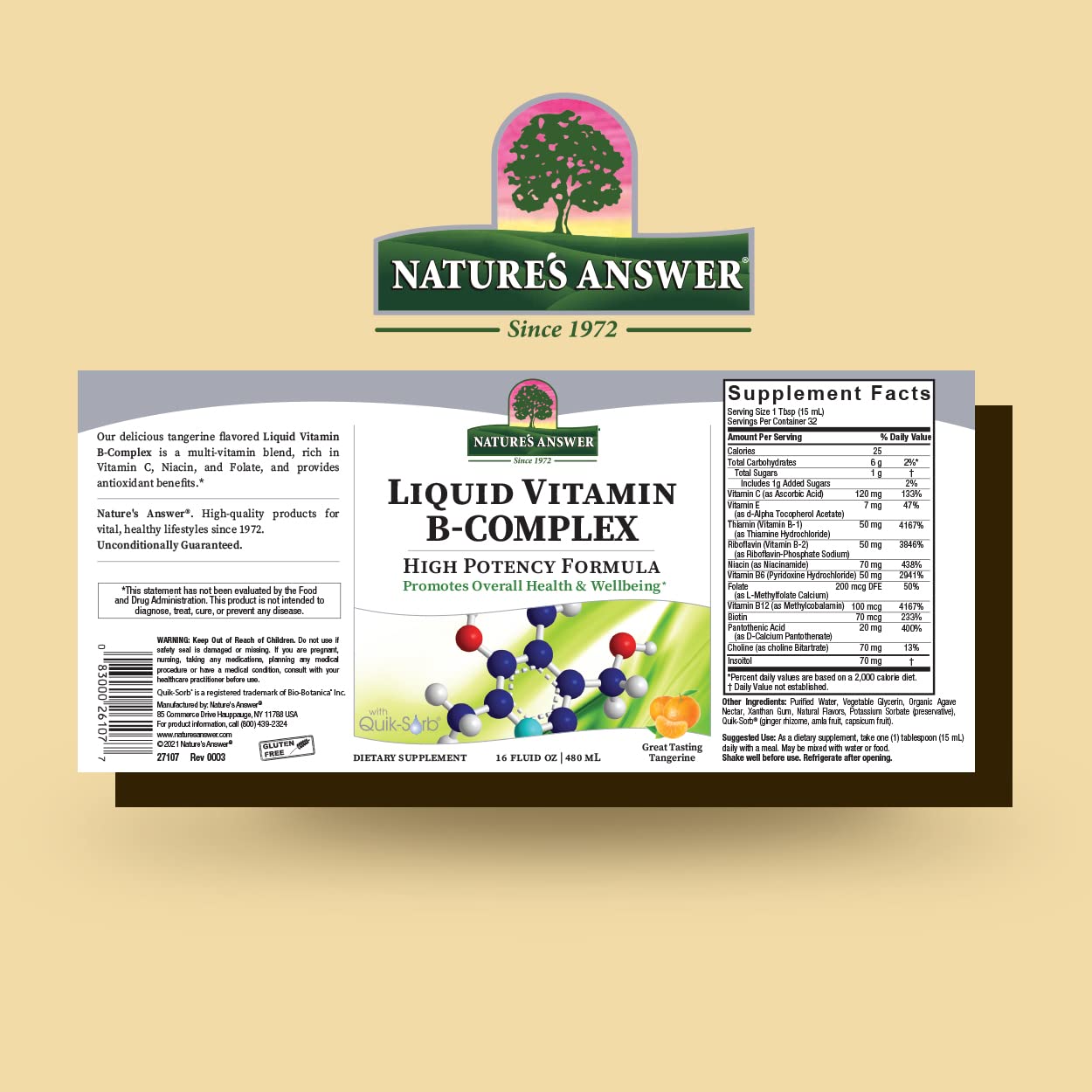Pouring Nature's Answer Liquid B-Complex shows smooth tangerine flavor for daily use.