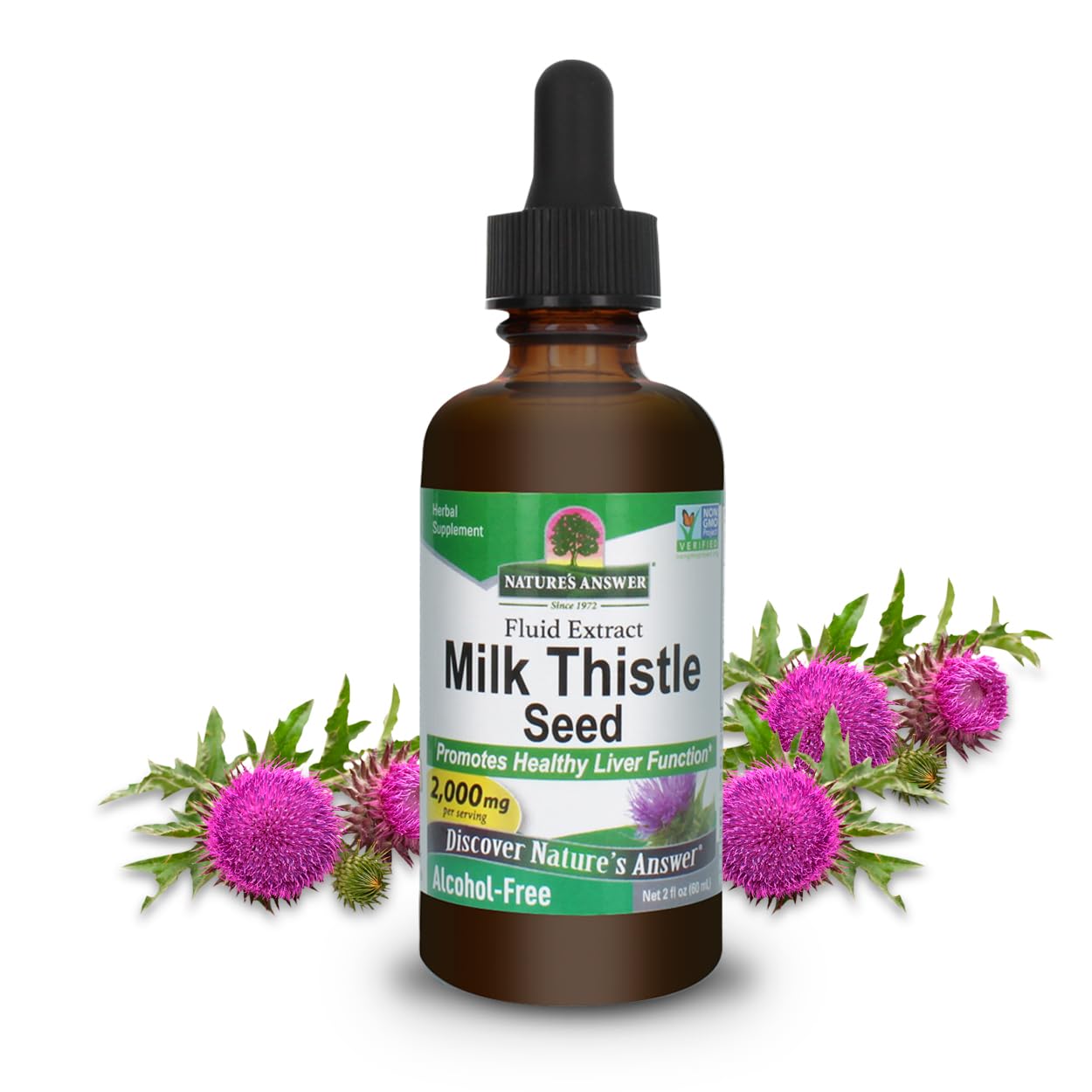 Nature's Answer Milk Thistle 2oz extract bottle emphasizes alcohol-free liver health support.