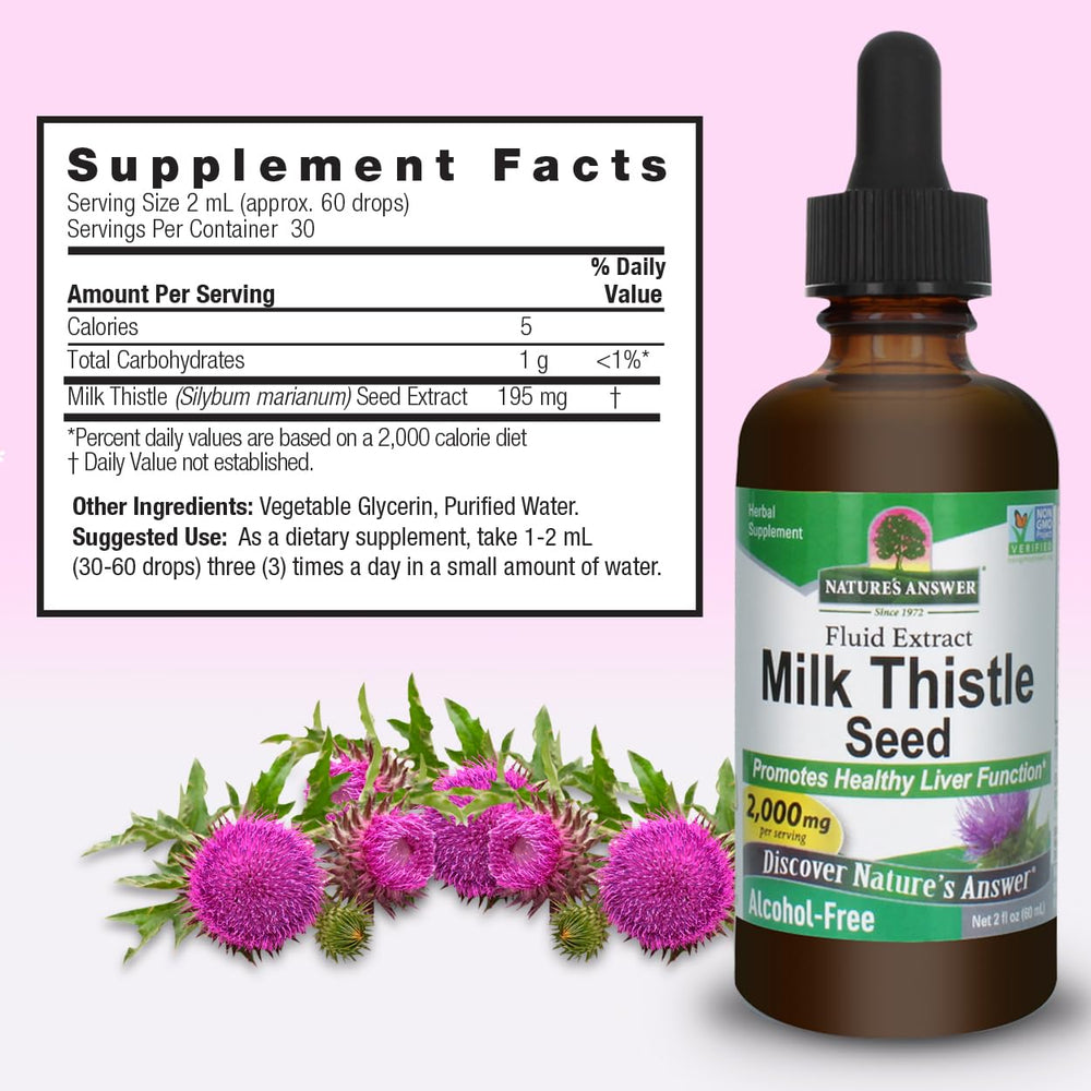 Nature's Answer Milk Thistle bottle pour demonstrates easy dosing on busy days.