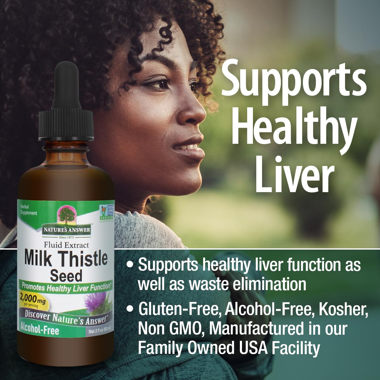 Nature's Answer Milk Thistle drops splash implies pure herbal extraction for liver support.