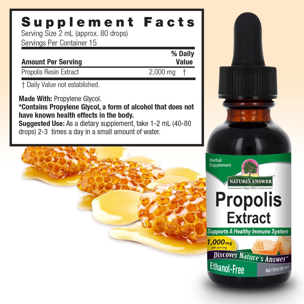 Nature's Answer Propolis Resin cap close-up showing secure seal and portability.