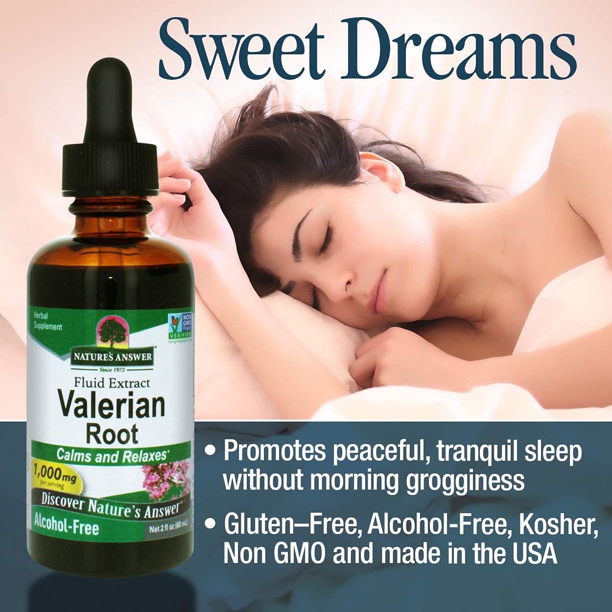 Front label of Nature's Answer valerian root bottle with Kosher mark.