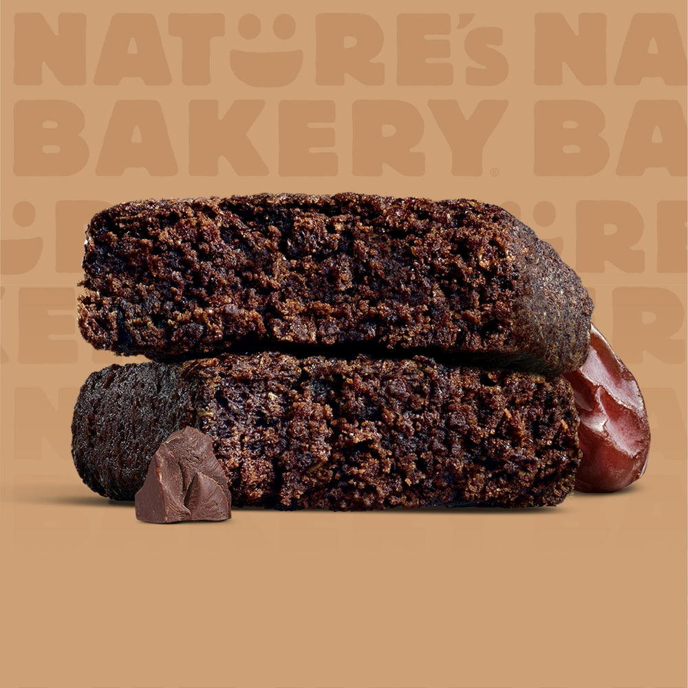 Nature's Bakery Double Chocolate Brownie Bar beside a coffee, ideal dairy-free pick me up