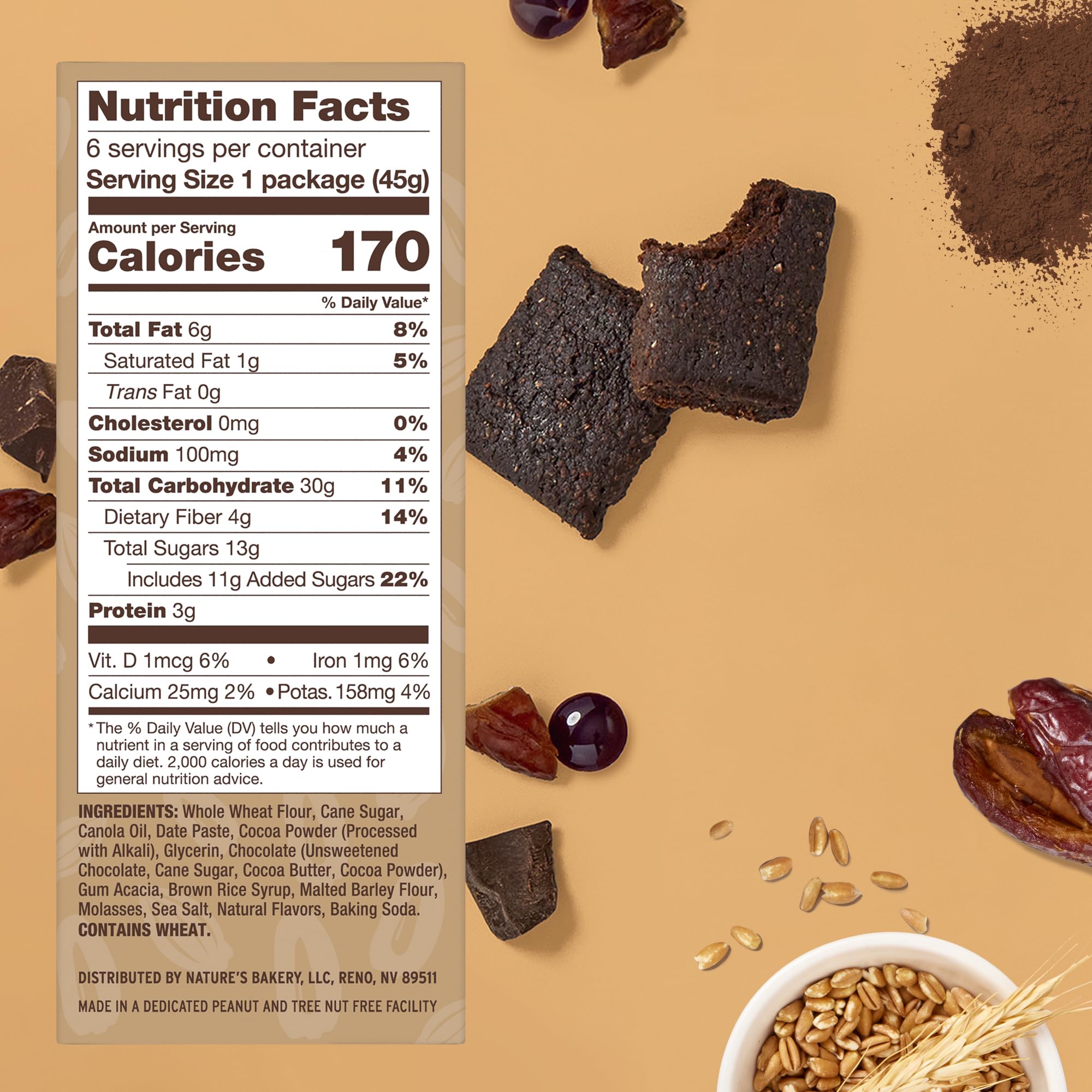 Nature's Bakery Double Chocolate Brownie Bar cross section shows dates and cocoa for flavor