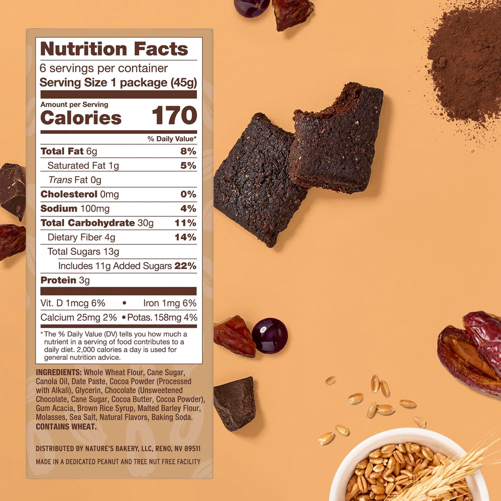 Nature's Bakery Double Chocolate Brownie Bar cross section shows dates and cocoa for flavor