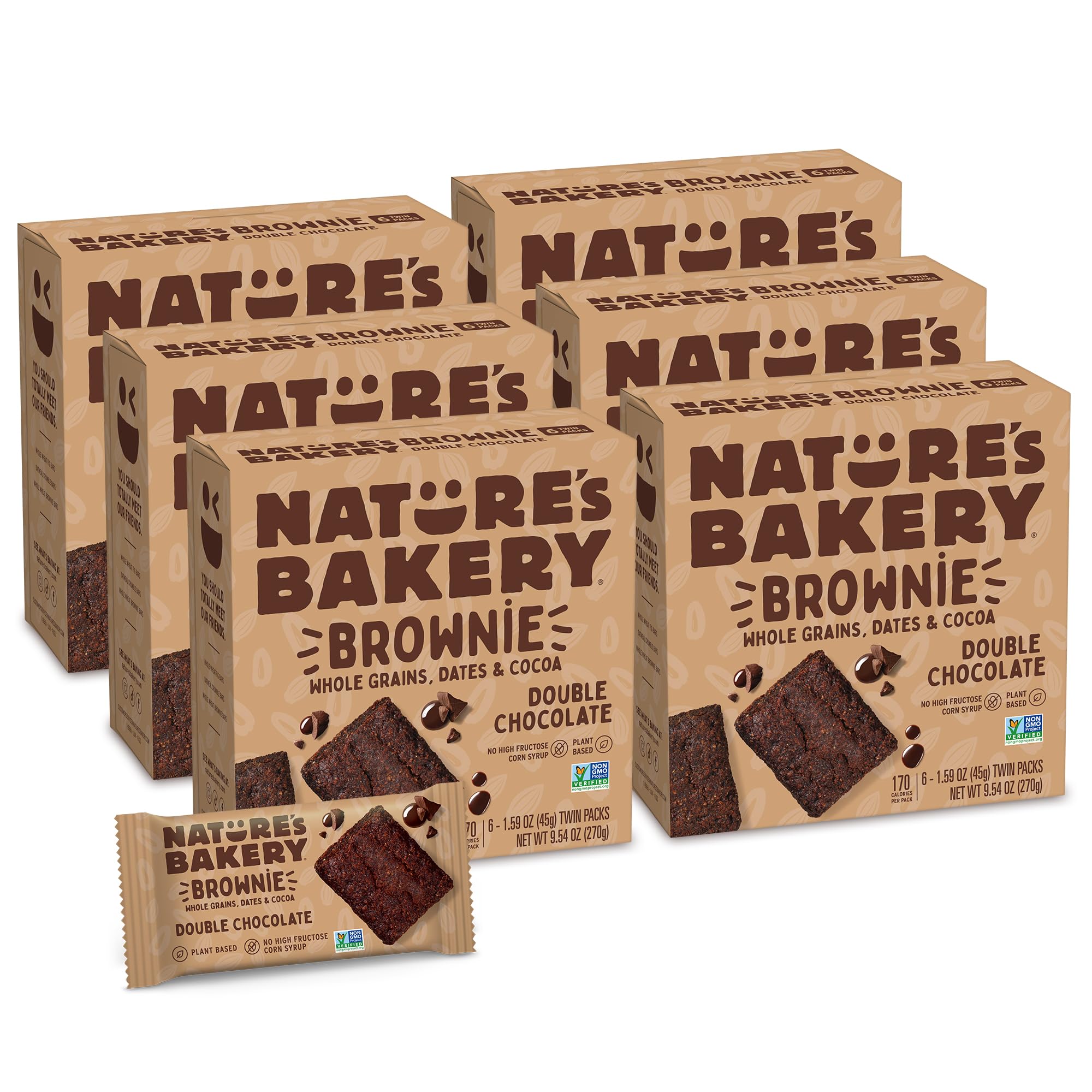 Nature's Bakery Double Chocolate Brownie Bar front view, a convenient plant based snack