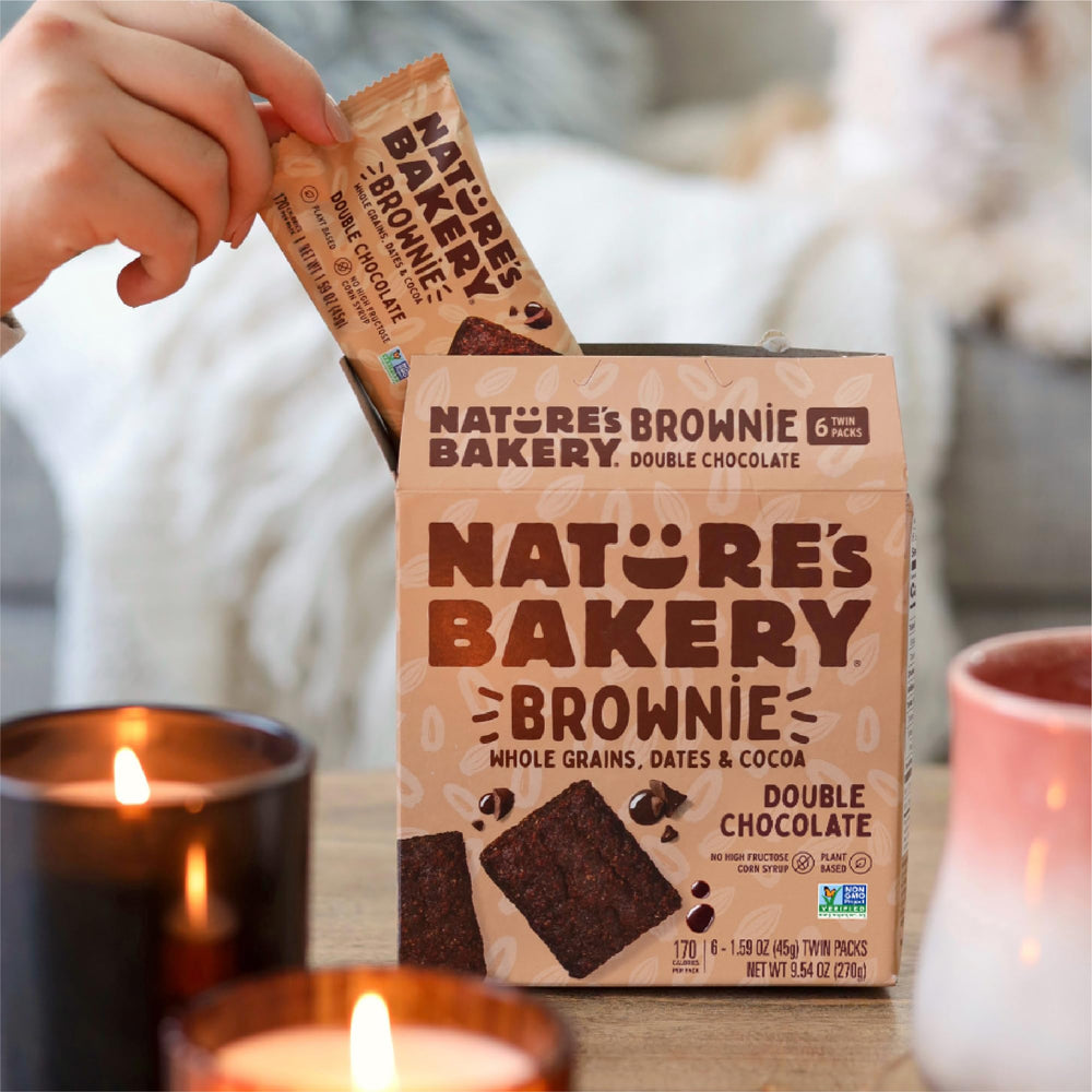 Nature's Bakery Double Chocolate Brownie Bar label, vegan and dairy-free options
