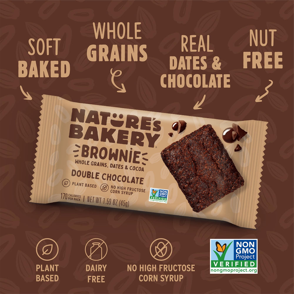 Nature's Bakery Double Chocolate Brownie Bars in a lunchbox, dairy-free snack for school or work