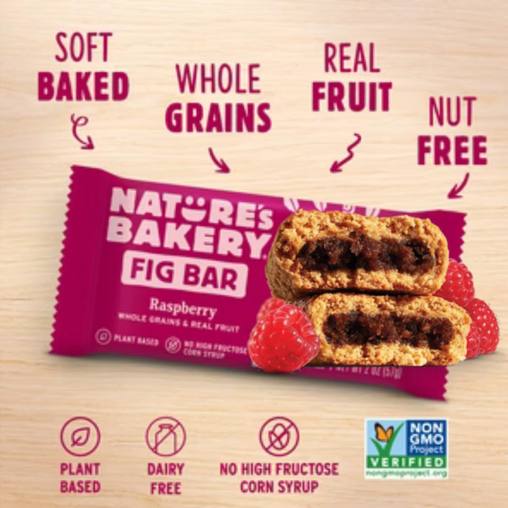 Nature's Bakery Oatmeal Crumble Raspberry Lemon, tangy flavor for road trips.