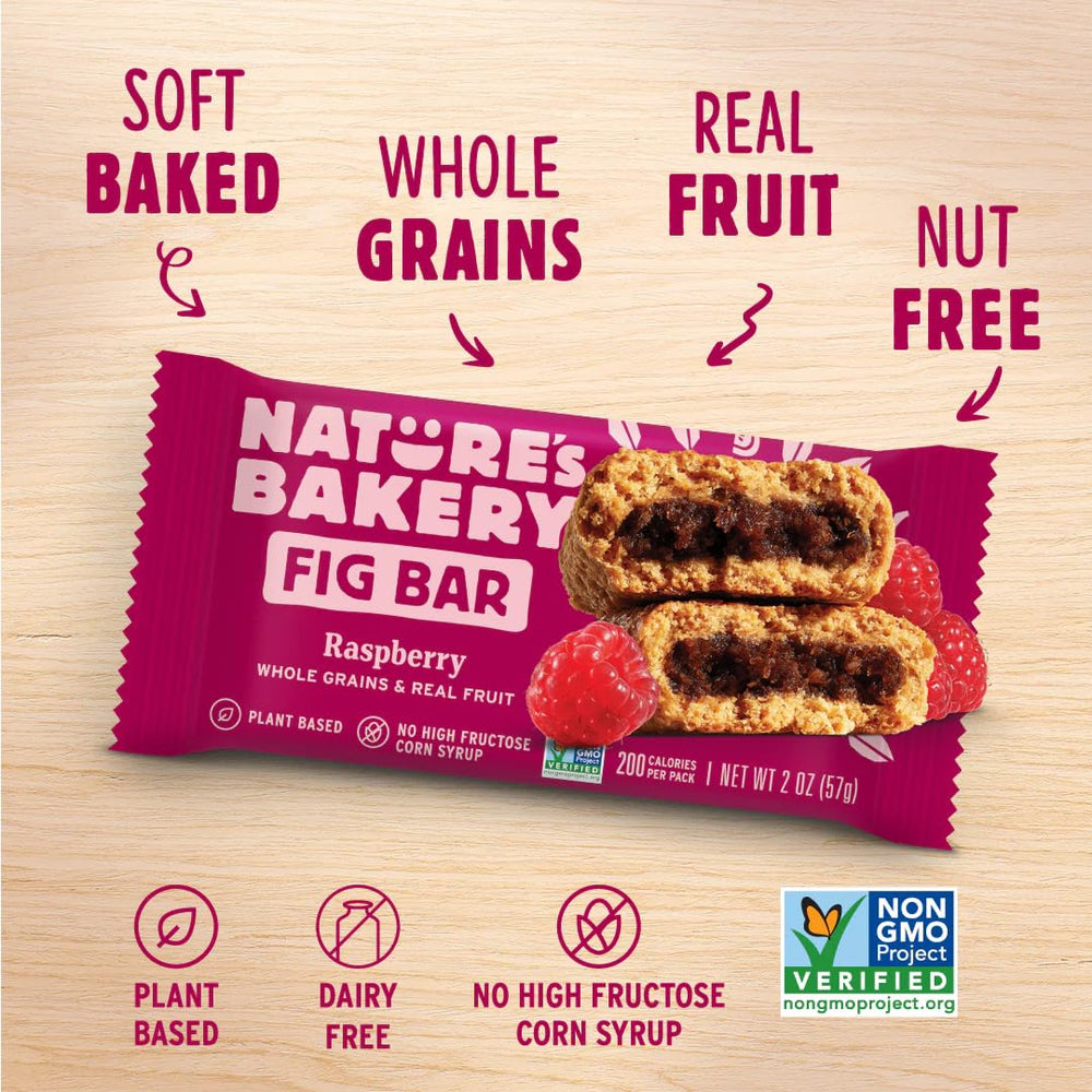 Nature's Bakery raspberry flavor fig bars; naturally vegan, no artificial colors.