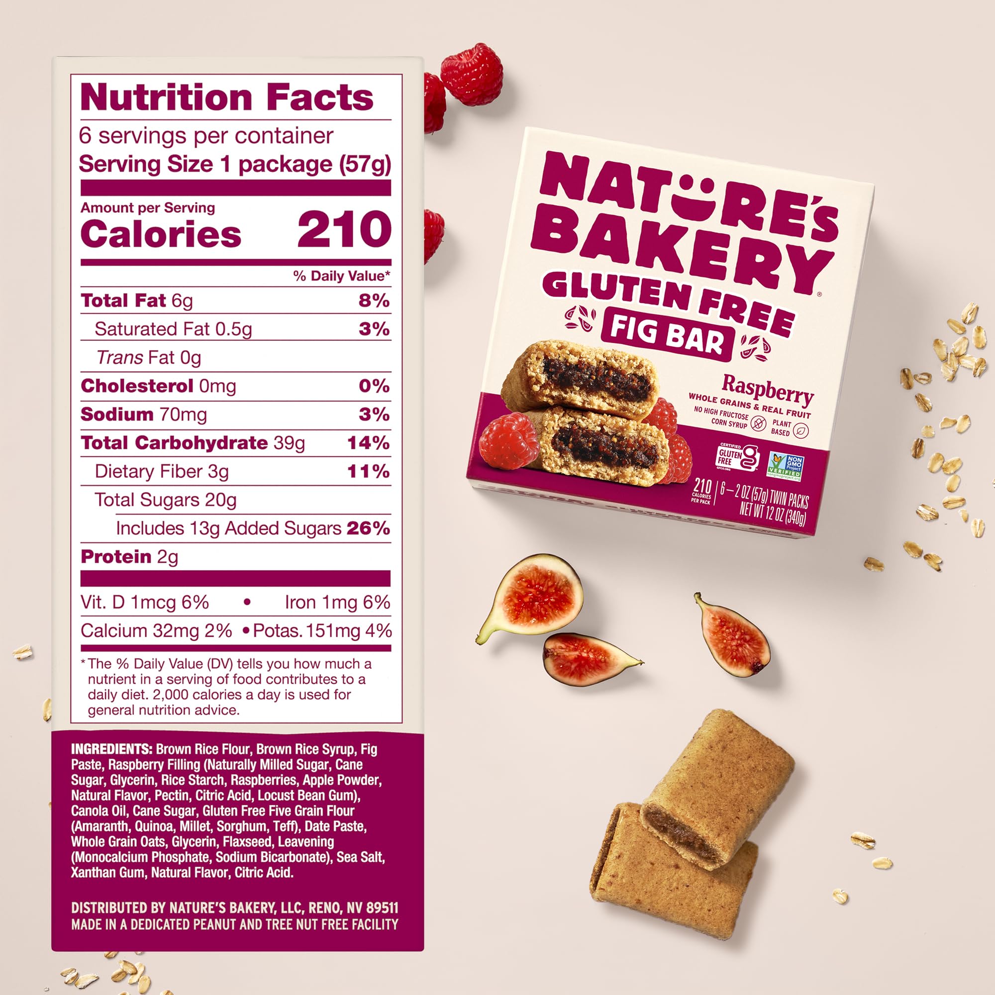 Nature's Bakery gluten-free Raspberry Fig Bars with real fruit, ideal for gluten-free snackers.