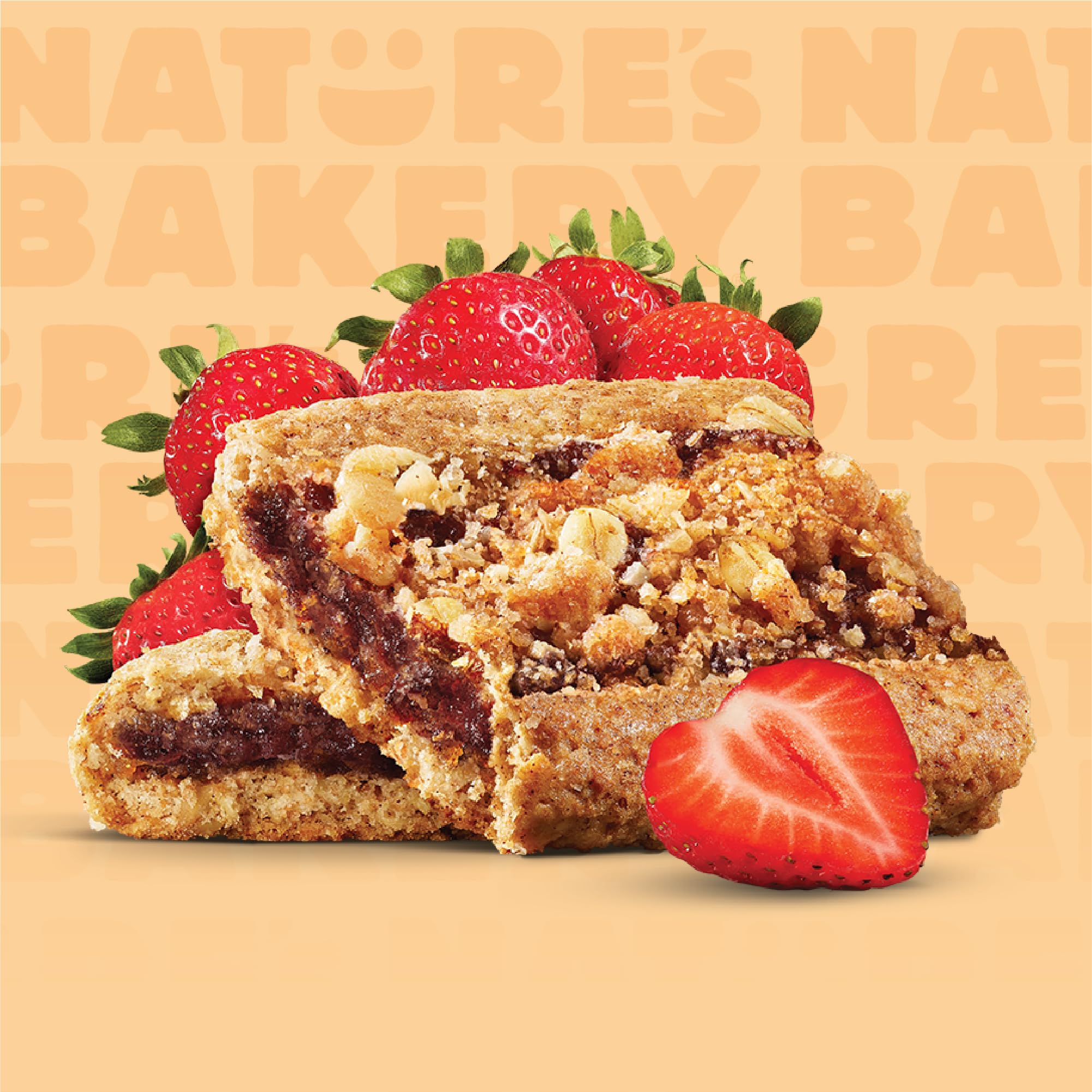 Nature's Bakery ingredients close-up featuring real fruit and oats.
