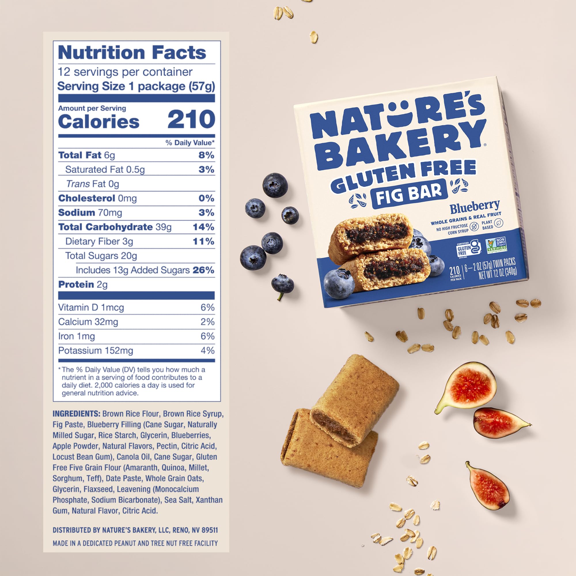 Nature's Bakery soft-baked fig bars close-up with blueberries.